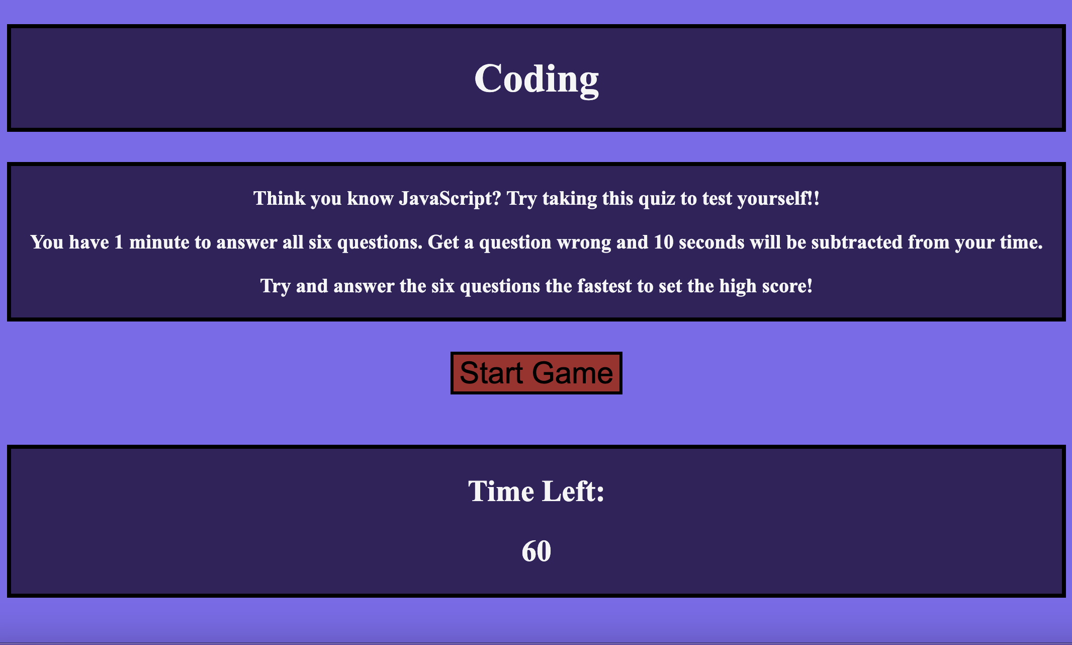 screenshot of the timed coding Quiz